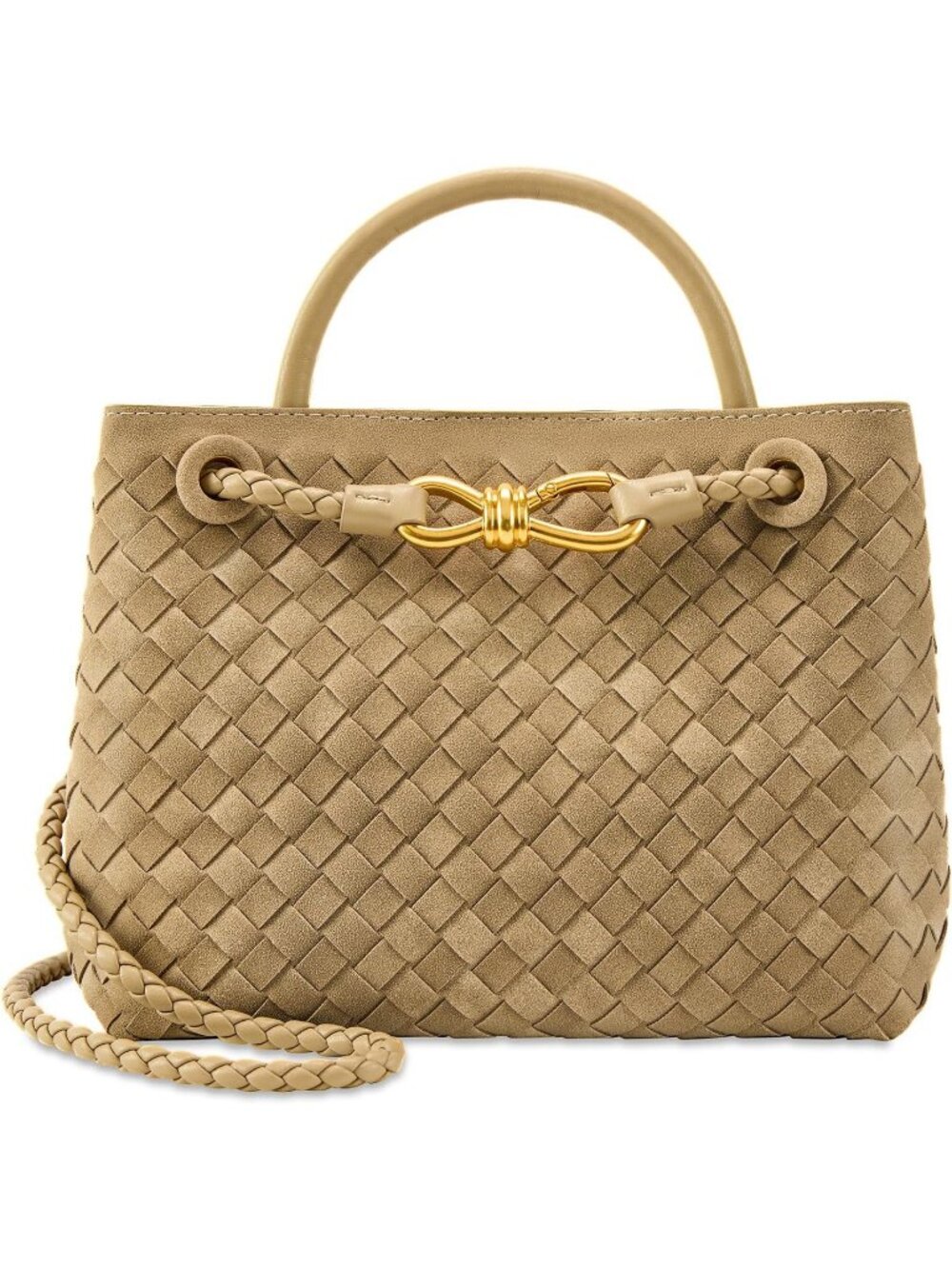 Women's B Pine Tea Woven Leather Tote Handle Designer Handbag Shoulder Bag